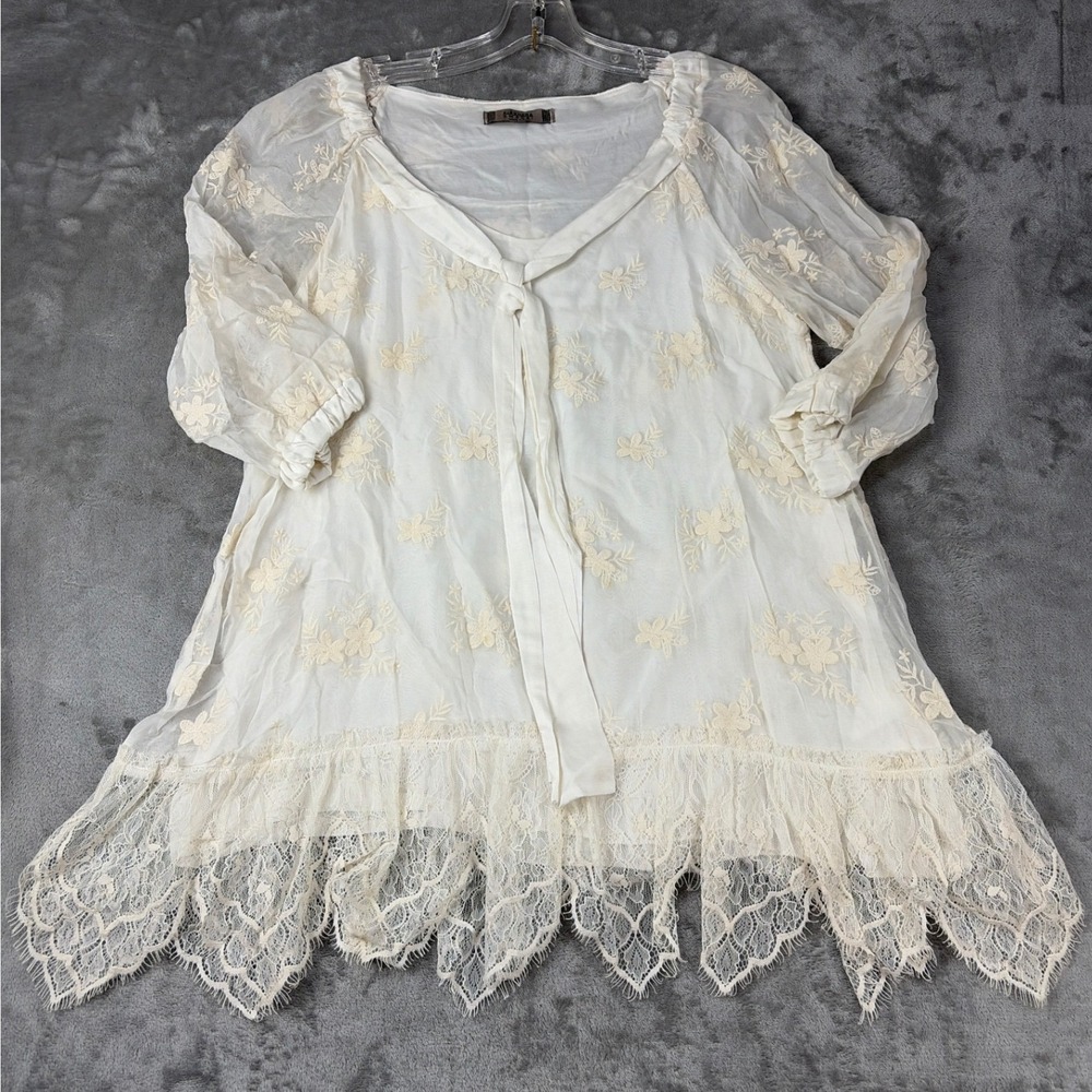 Eleonora Amadei Italy Silk Blend Floral Embroidered Lace Trim Tunic Top Ivory